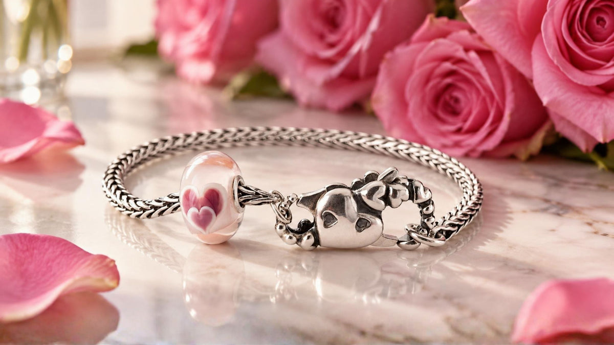 Trollbeads Herzschmuck mit Armreifen und rosa Glas Charms