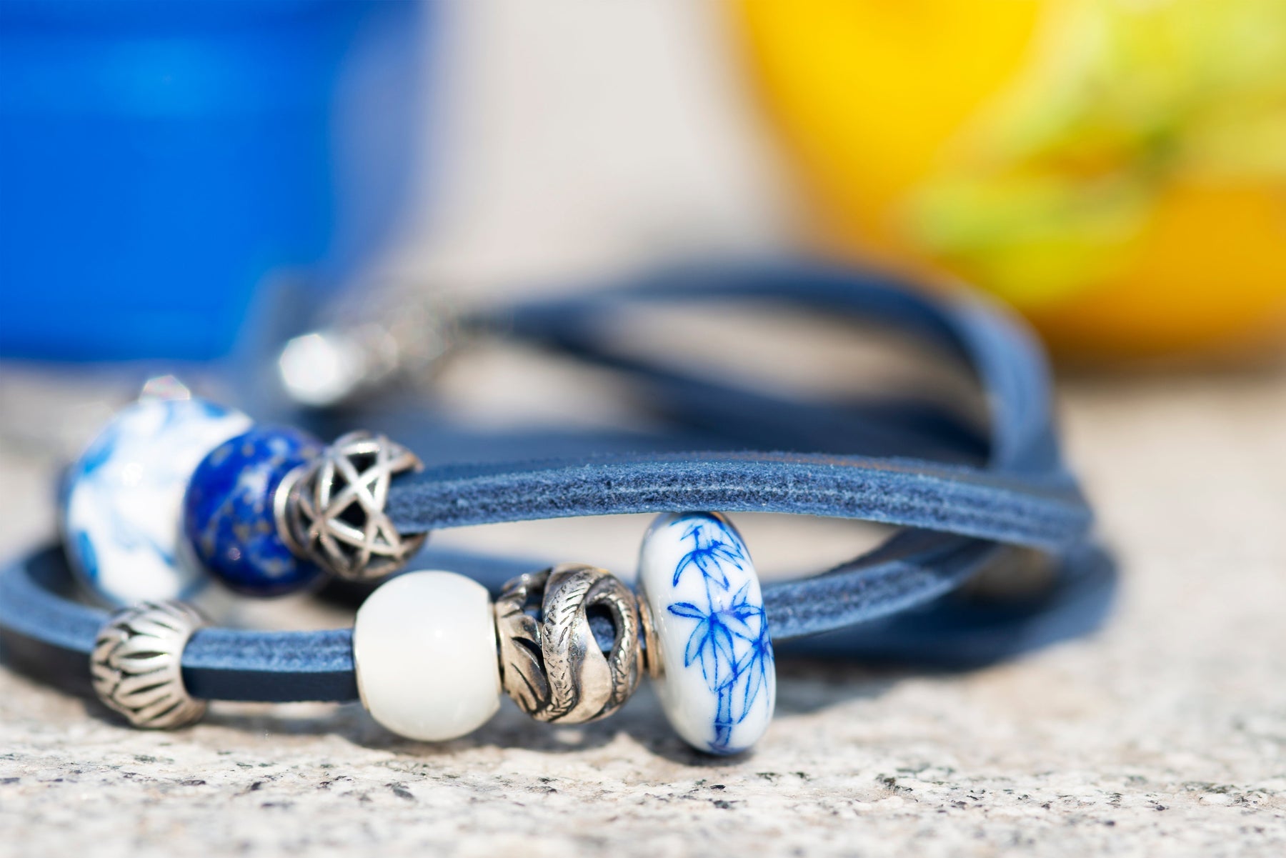 Blue leather bracelet from Trollbeads, with beads in blue, white and silver