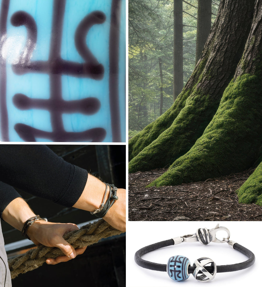 Collage of four images: hands holding rope, blue bead with black symbols, and forest.